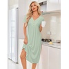 Ekouaer Nightgowns for Women Bamboo Viscose Long Night Gown Short Sleeve Moo Moos V Neck Sleep Shirts Pleated House Dress(Light Green)