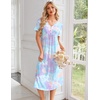 Ekouaer Nightgowns for Women Bamboo Viscose Long Night Gown Short Sleeve Moo Moos V Neck Sleep Shirts Pleated House Dress(Tie Dye Blue)