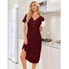 Ekouaer Nightgowns for Women Bamboo Viscose Long Night Gown Short Sleeve Moo Moos V Neck Sleep Shirts Pleated House Dress(Wine Red)