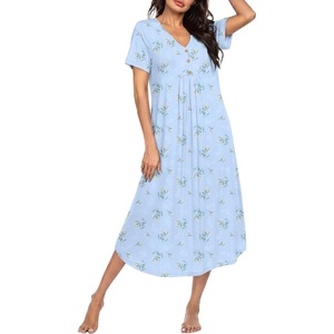 Ekouaer Nightgowns for Women Bamboo Viscose Long Night Gown Short Sleeve Moo Moos V Neck Sleep Shirts Pleated House Dress(Blue Floral)