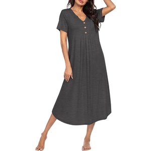 Ekouaer Nightgowns for Women Bamboo Viscose Long Night Gown Short Sleeve Moo Moos V Neck Sleep Shirts Pleated House Dress(Dark Grey)
