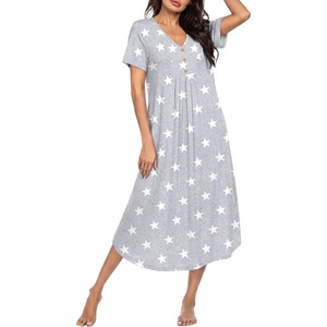 Ekouaer Nightgowns for Women Bamboo Viscose Long Night Gown Short Sleeve Moo Moos V Neck Sleep Shirts Pleated House Dress(Grey Stars)
