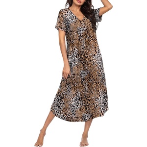 Ekouaer Nightgowns for Women Bamboo Viscose Long Night Gown Short Sleeve Moo Moos V Neck Sleep Shirts Pleated House Dress(Leopard)