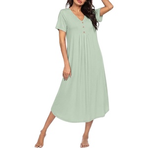 Ekouaer Nightgowns for Women Bamboo Viscose Long Night Gown Short Sleeve Moo Moos V Neck Sleep Shirts Pleated House Dress(Light Green)