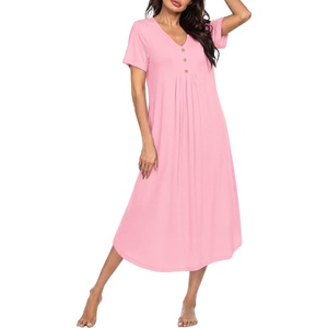 Ekouaer Nightgowns for Women Bamboo Viscose Long Night Gown Short Sleeve Moo Moos V Neck Sleep Shirts Pleated House Dress(Pink)