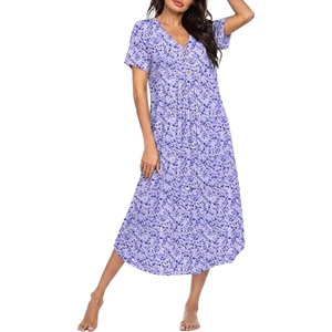 Ekouaer Nightgowns for Women Bamboo Viscose Long Night Gown Short Sleeve Moo Moos V Neck Sleep Shirts Pleated House Dress(Purple Dots)