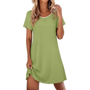 Ekouaer Nightgowns for Women Lace Trim Night Gown Short Sleeve Sleep Shirts Ruffle Sleepwear V Neck Pleated Sleep Dress(Green)