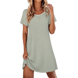 Ekouaer Nightgowns for Women Lace Trim Night Gown Short Sleeve Sleep Shirts Ruffle Sleepwear V Neck Pleated Sleep Dress(Light Green)