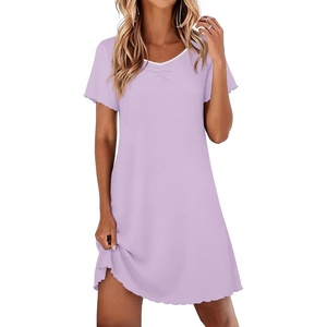Ekouaer Nightgowns for Women Lace Trim Night Gown Short Sleeve Sleep Shirts Ruffle Sleepwear V Neck Pleated Sleep Dress(Lilac)