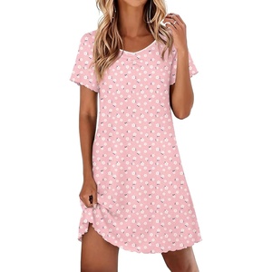 Ekouaer Nightgowns for Women Lace Trim Night Gown Short Sleeve Sleep Shirts Ruffle Sleepwear V Neck Pleated Sleep Dress(Pink White Florals)