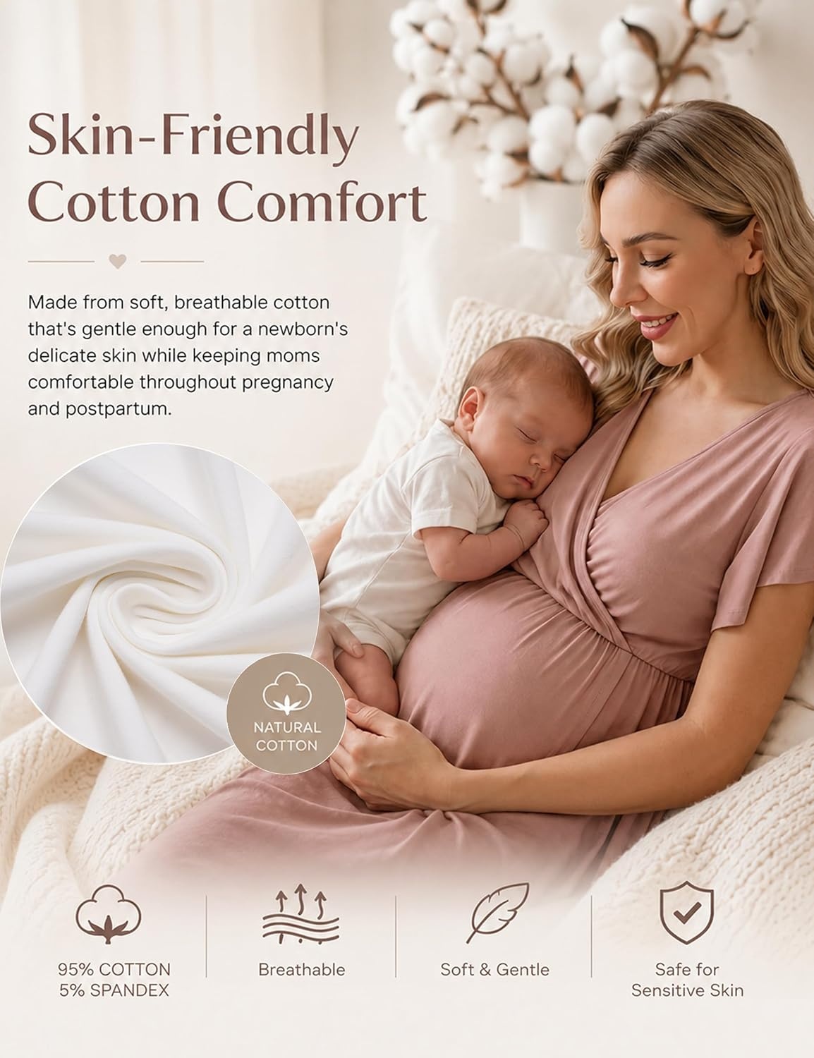 image:imageEkouaer Cotton Labor and Delivery Gown for Hospital 3 in 1 Nursing Nightgown for Breastfeeding Short Sleeve Maternity DressBlack