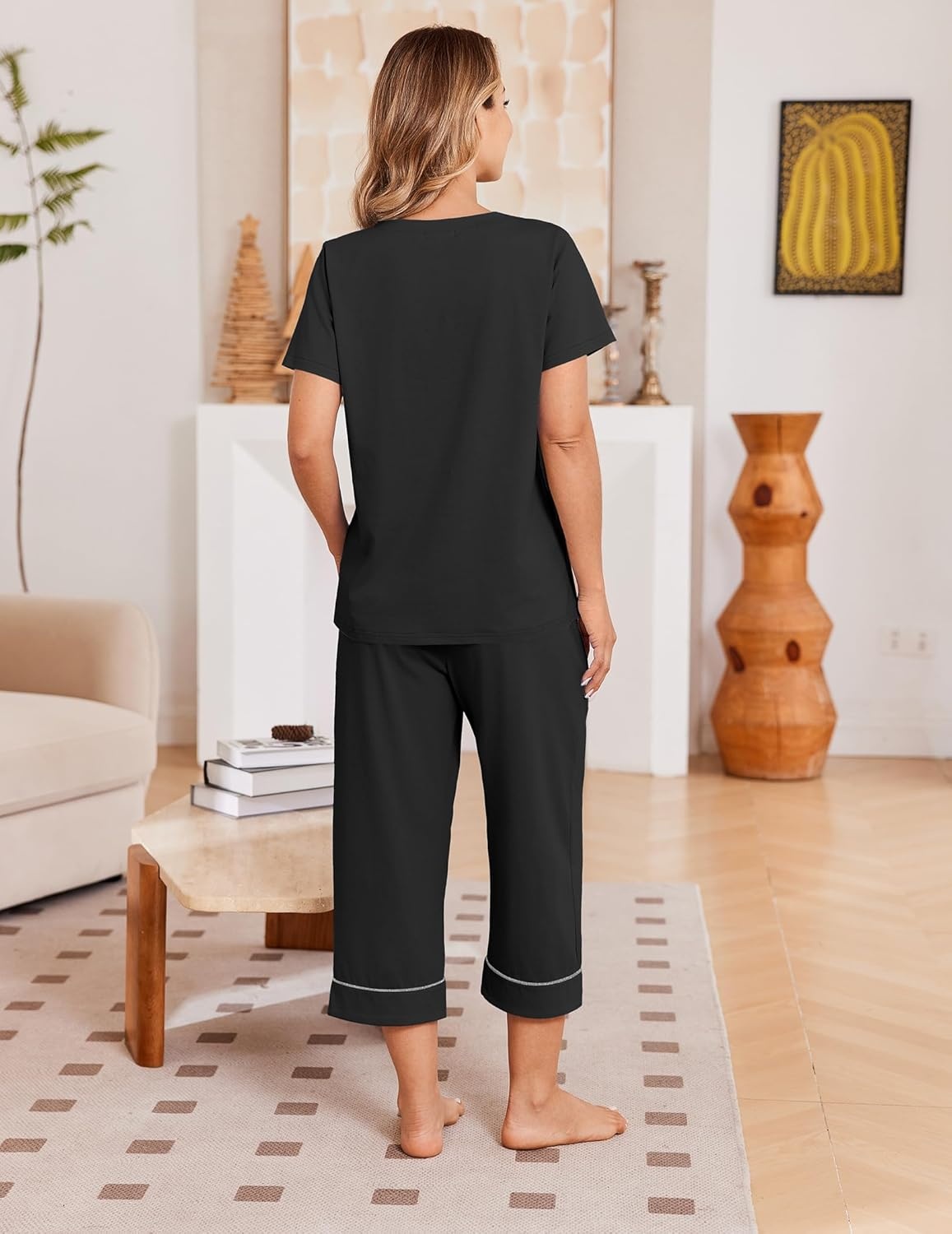 image:imageEkouaer Cotton Pajamas for Women Set Short Sleeve Top and Capri Pants Lounge Sets with Pockets Soft SleepwearBlack