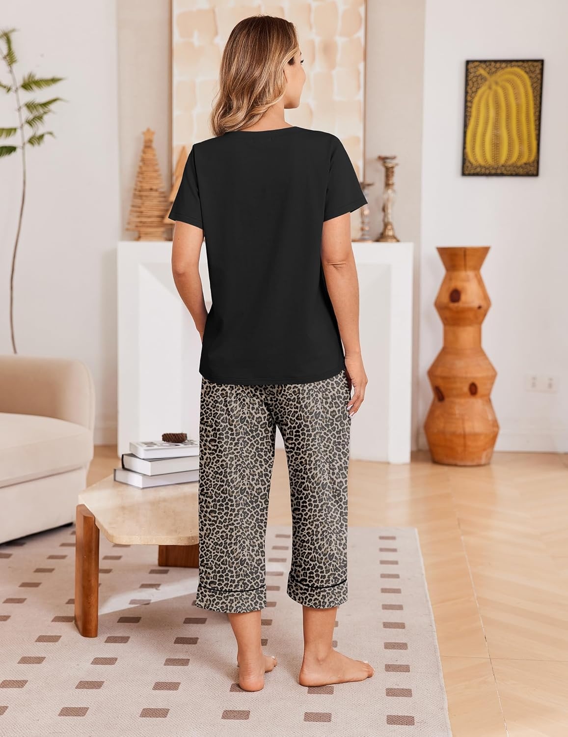 image:imageEkouaer Cotton Pajamas for Women Set Short Sleeve Top and Capri Pants Lounge Sets with Pockets Soft SleepwearBlack and Brown Leopard