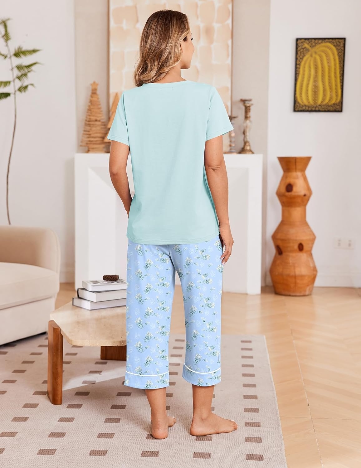 image:imageEkouaer Cotton Pajamas for Women Set Short Sleeve Top and Capri Pants Lounge Sets with Pockets Soft SleepwearBlue Flowers