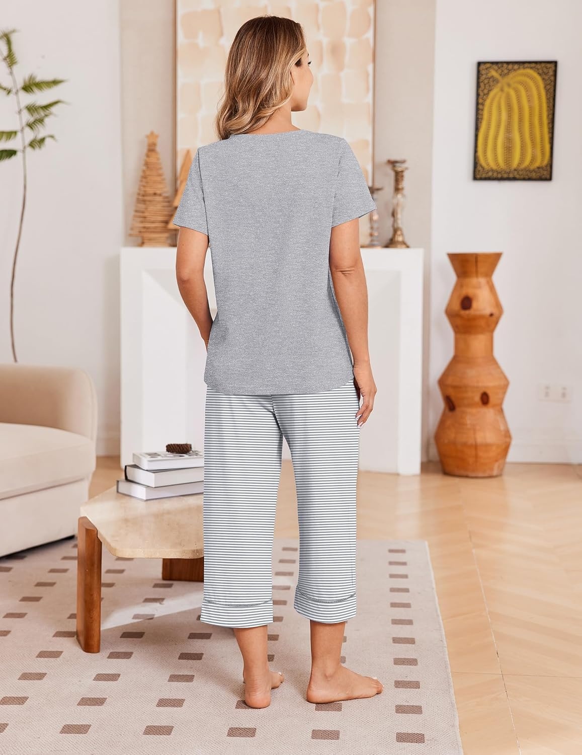 image:imageEkouaer Cotton Pajamas for Women Set Short Sleeve Top and Capri Pants Lounge Sets with Pockets Soft SleepwearGrey Stripe