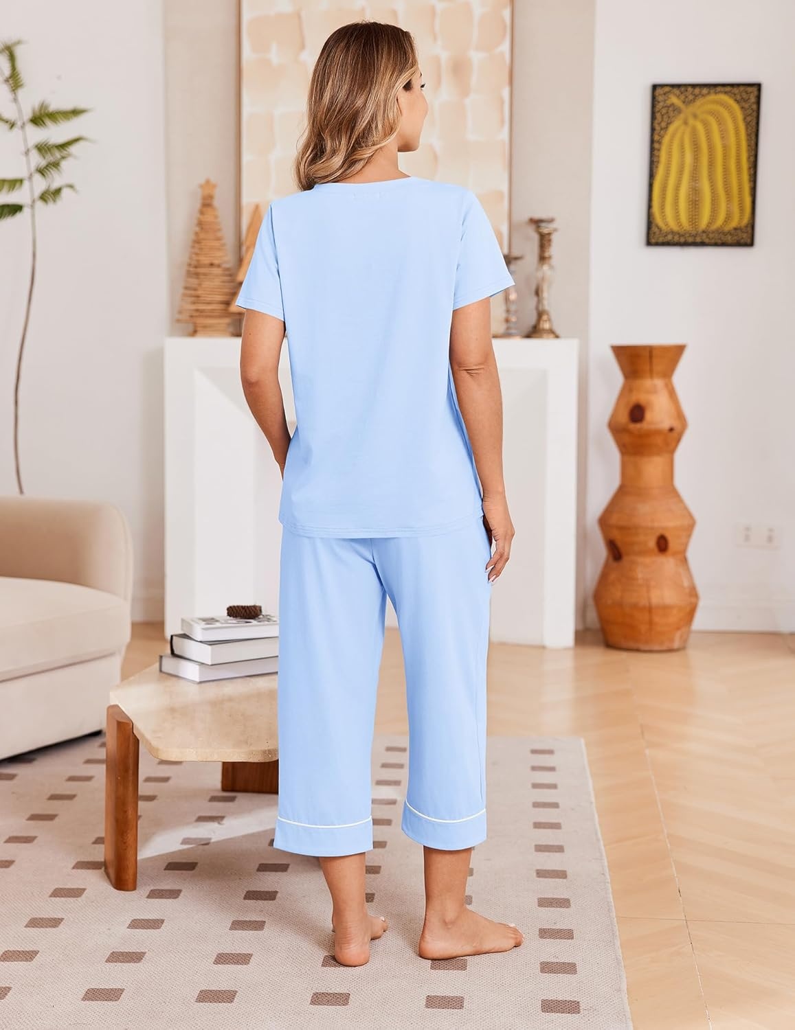 image:imageEkouaer Cotton Pajamas for Women Set Short Sleeve Top and Capri Pants Lounge Sets with Pockets Soft SleepwearLight Blue