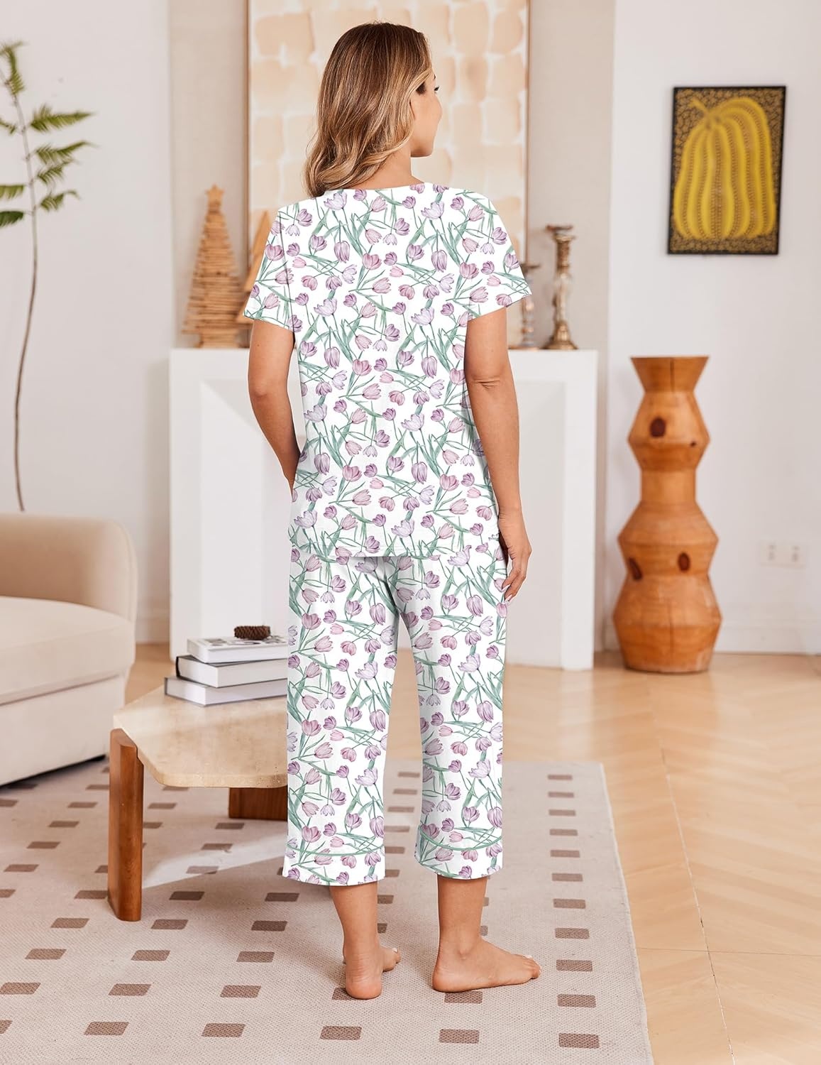 image:imageEkouaer Cotton Pajamas for Women Set Short Sleeve Top and Capri Pants Lounge Sets with Pockets Soft SleepwearPurple Flowers