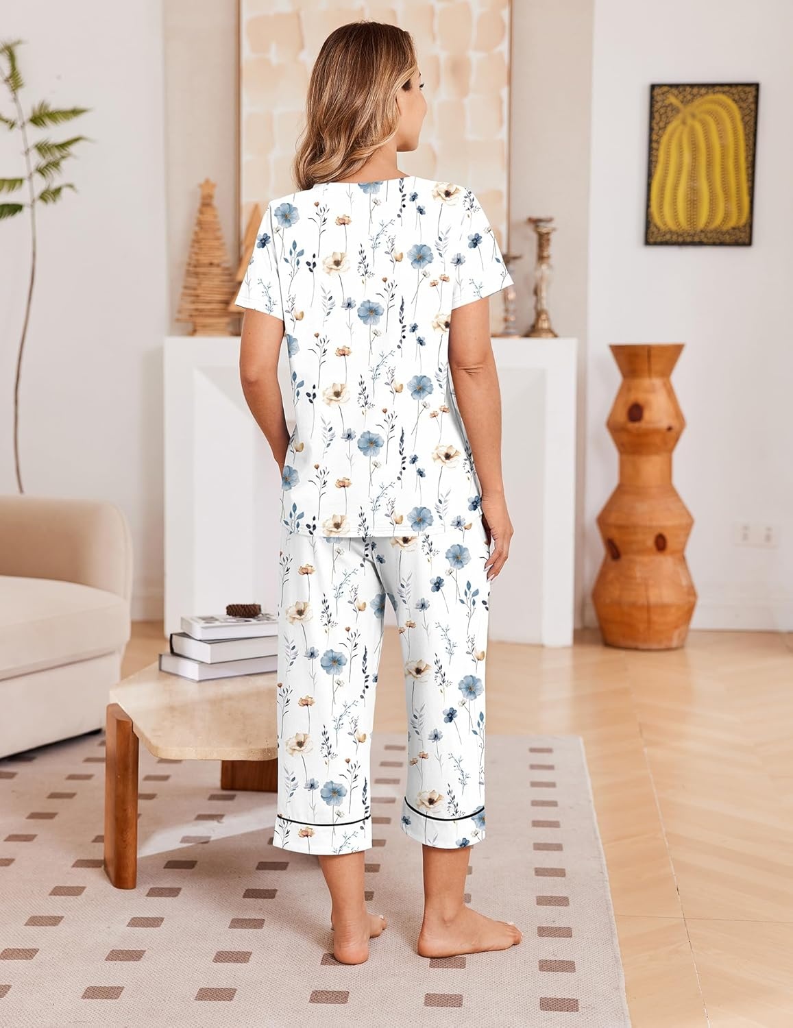 image:imageEkouaer Cotton Pajamas for Women Set Short Sleeve Top and Capri Pants Lounge Sets with Pockets Soft SleepwearWhite Colorful Flowers