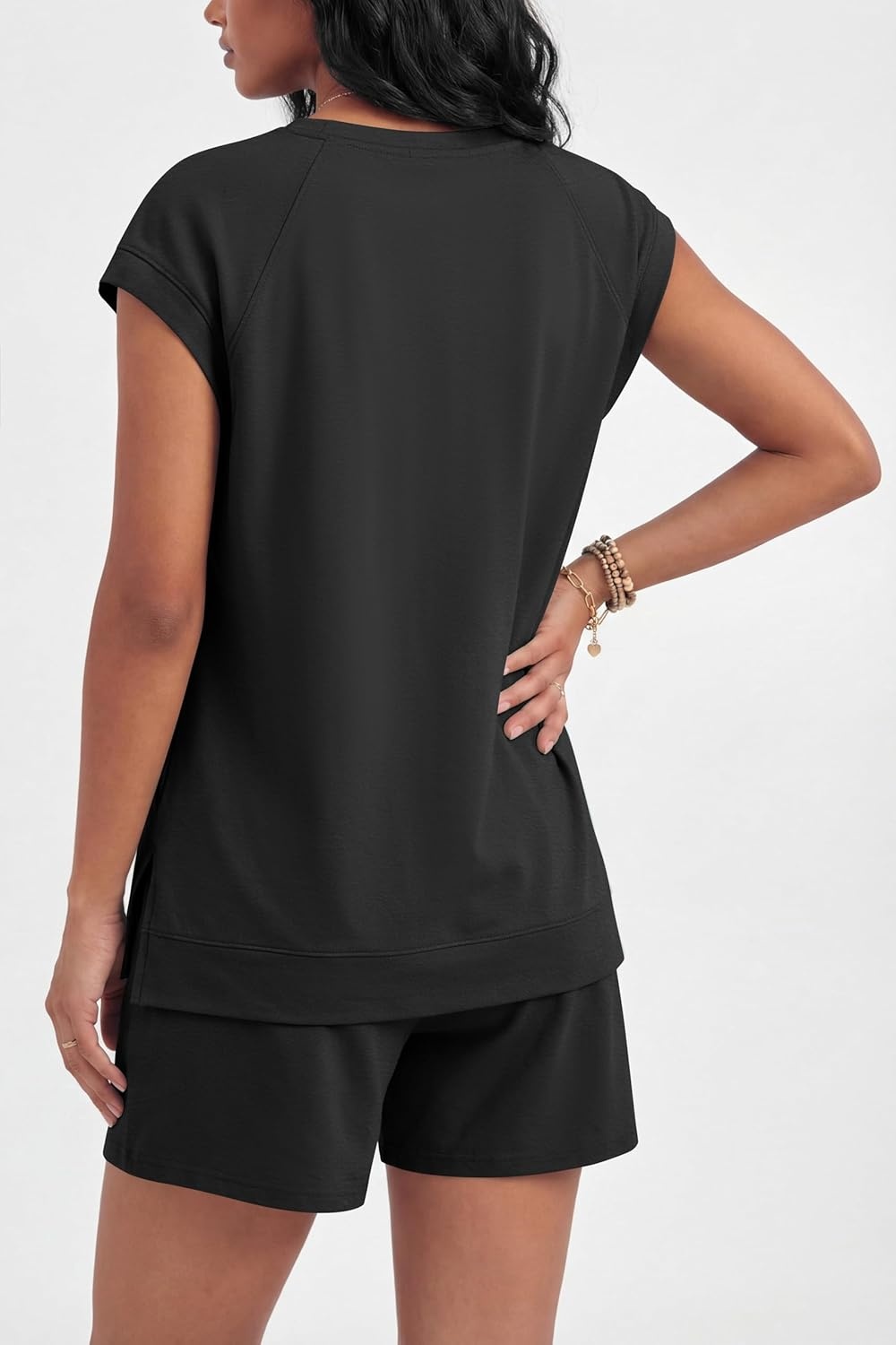 image:imageEkouaer Cotton Two Piece Sets for Women Summer Short Set Crew Neck Matching Sets Cap Sleeve Vacation Outfits With PocketBlack