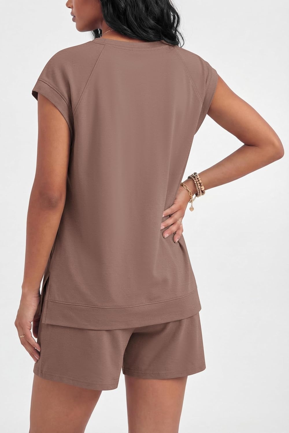 image:imageEkouaer Cotton Two Piece Sets for Women Summer Short Set Crew Neck Matching Sets Cap Sleeve Vacation Outfits With PocketBrown