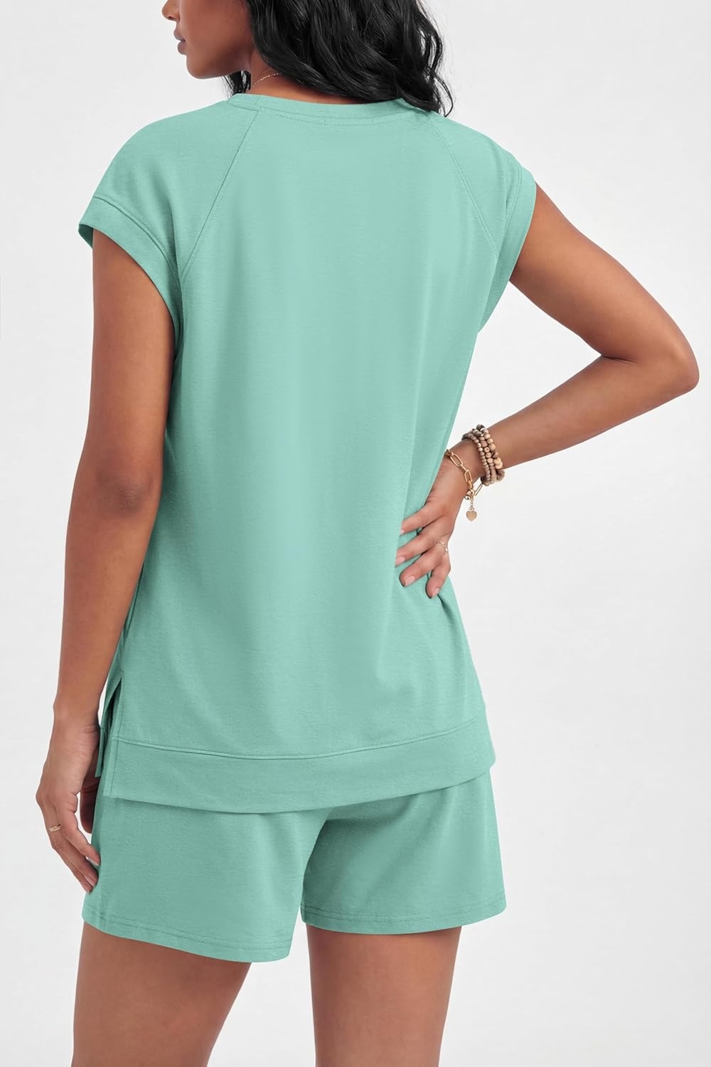 image:imageEkouaer Cotton Two Piece Sets for Women Summer Short Set Crew Neck Matching Sets Cap Sleeve Vacation Outfits With PocketIce Green