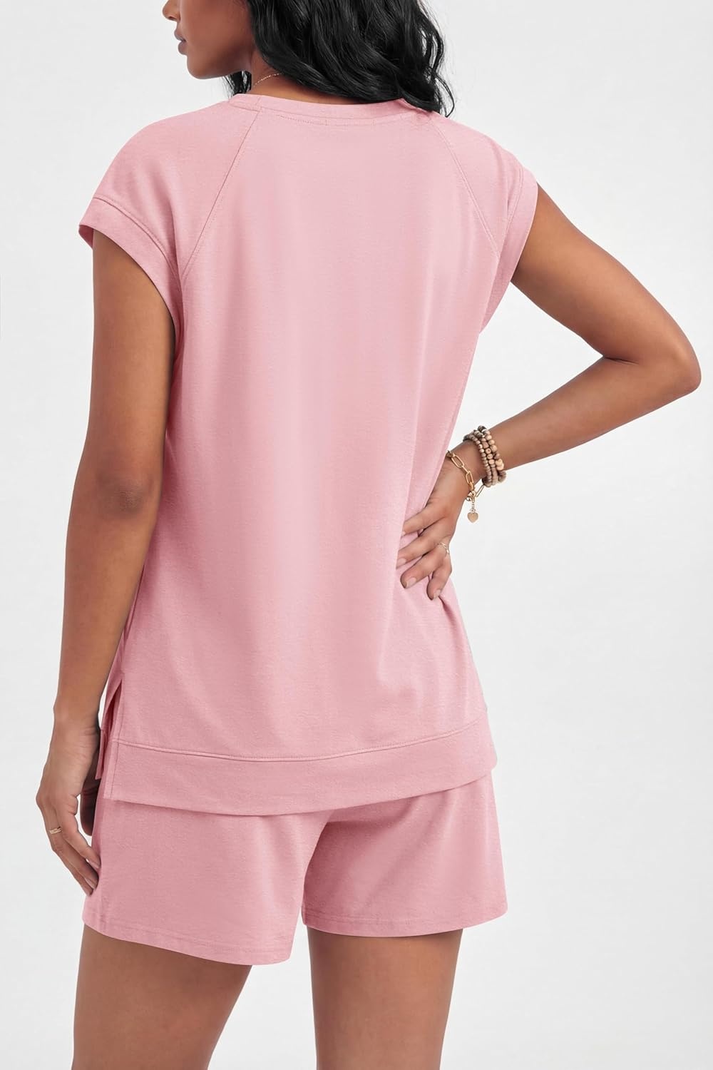 image:imageEkouaer Cotton Two Piece Sets for Women Summer Short Set Crew Neck Matching Sets Cap Sleeve Vacation Outfits With PocketPink