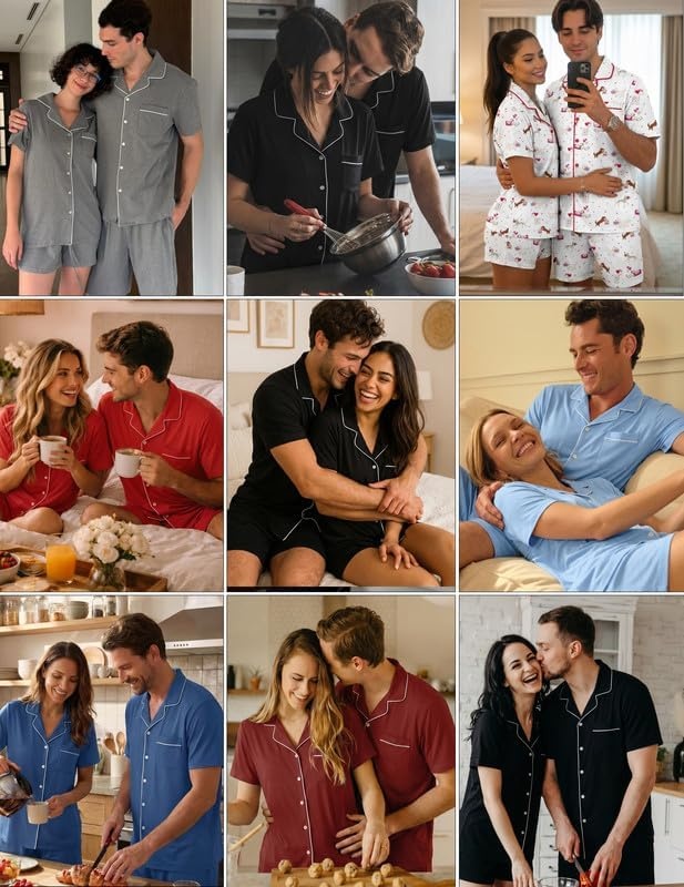 image:imageEkouaer Couple Matching Pajamas Sets Short Sleeve Button Down Pjs Sleepwear 2 Piece Lounge Set XSXXXLWhite Puppy Couple Print