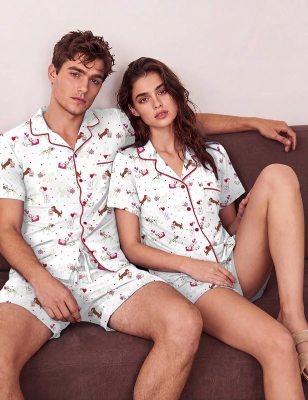 image:imageEkouaer Couple Matching Pajamas Sets Short Sleeve Button Down Pjs Sleepwear 2 Piece Lounge Set XSXXXLWhite Puppy Couple Print