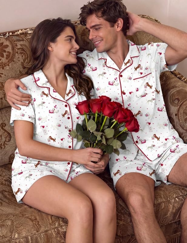 image:imageEkouaer Couple Matching Pajamas Sets Short Sleeve Button Down Pjs Sleepwear 2 Piece Lounge Set XSXXXLWhite Puppy Couple Print