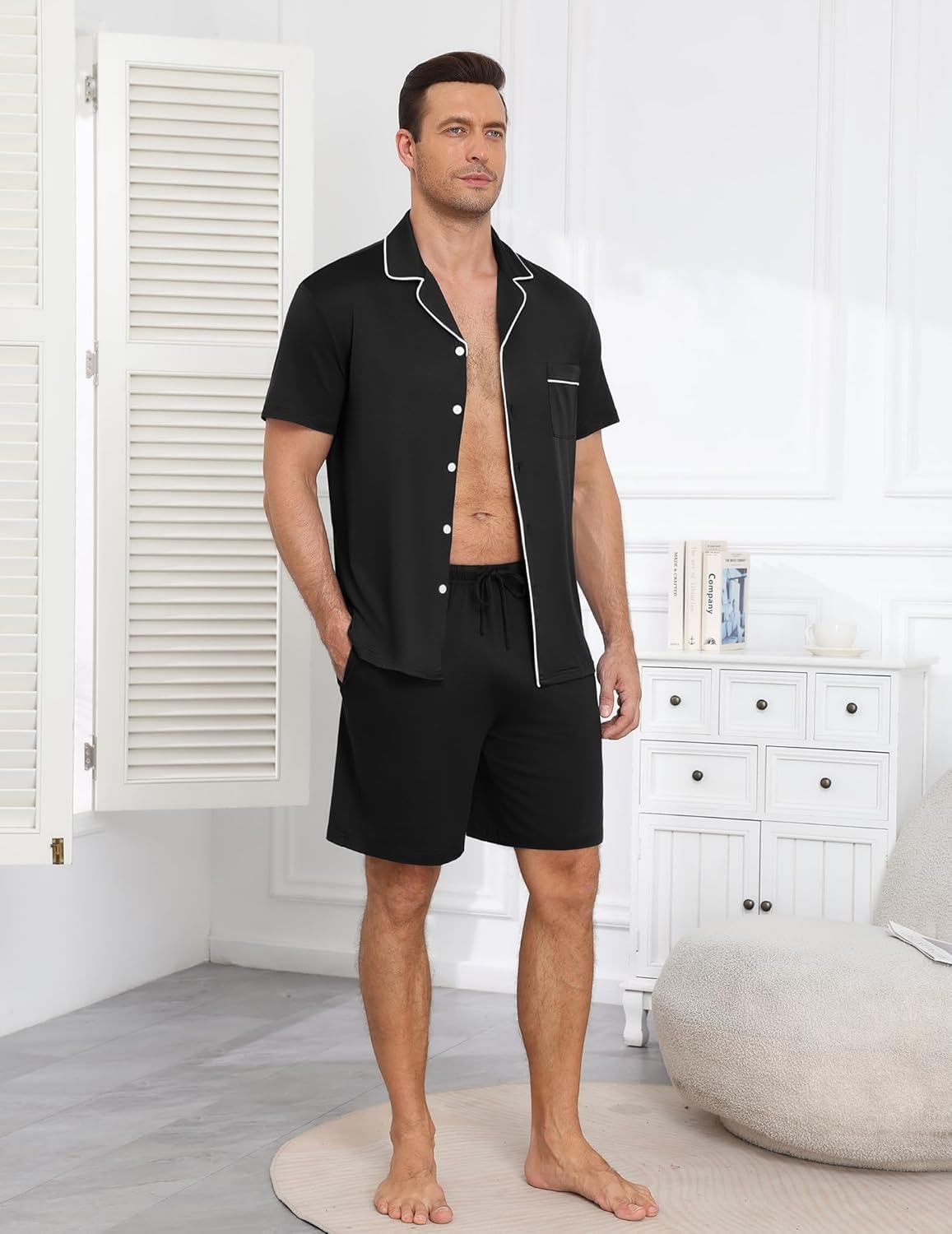 image:imageEkouaer Mens Pajamas Set Summer Short Sleeve Button Up Pjs 2 Piece Sleepwear with Pockets SXXXLBlack