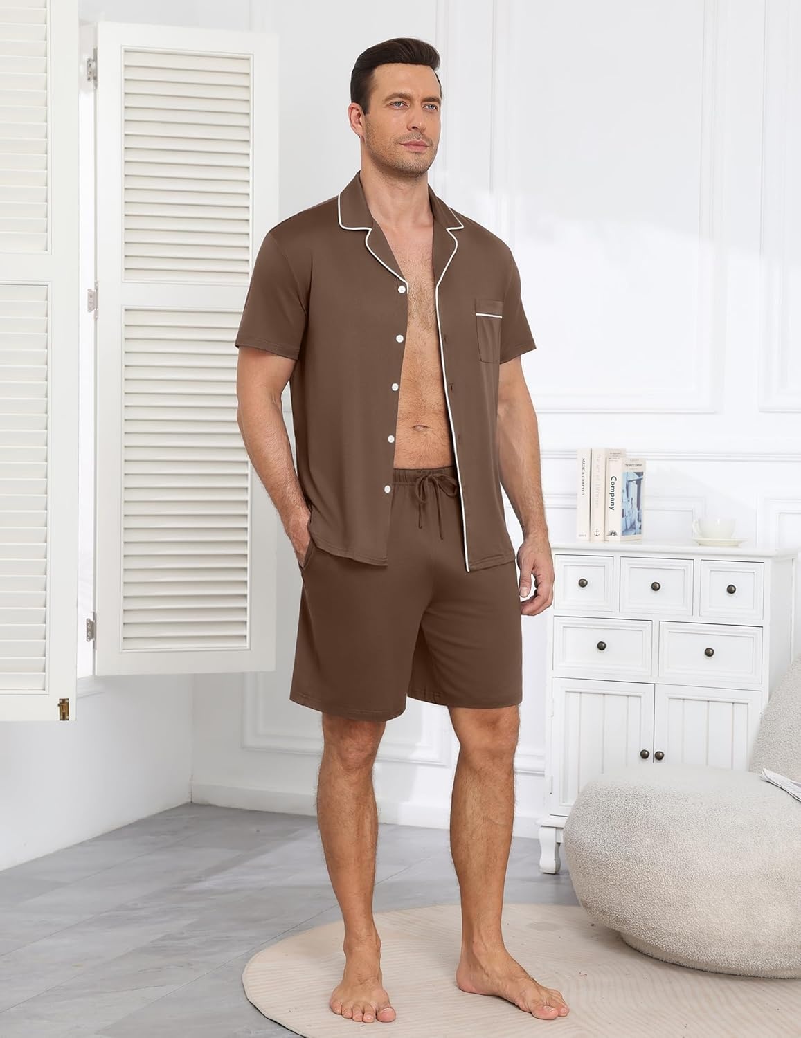 image:imageEkouaer Mens Pajamas Set Summer Short Sleeve Button Up Pjs 2 Piece Sleepwear with Pockets SXXXLBrown