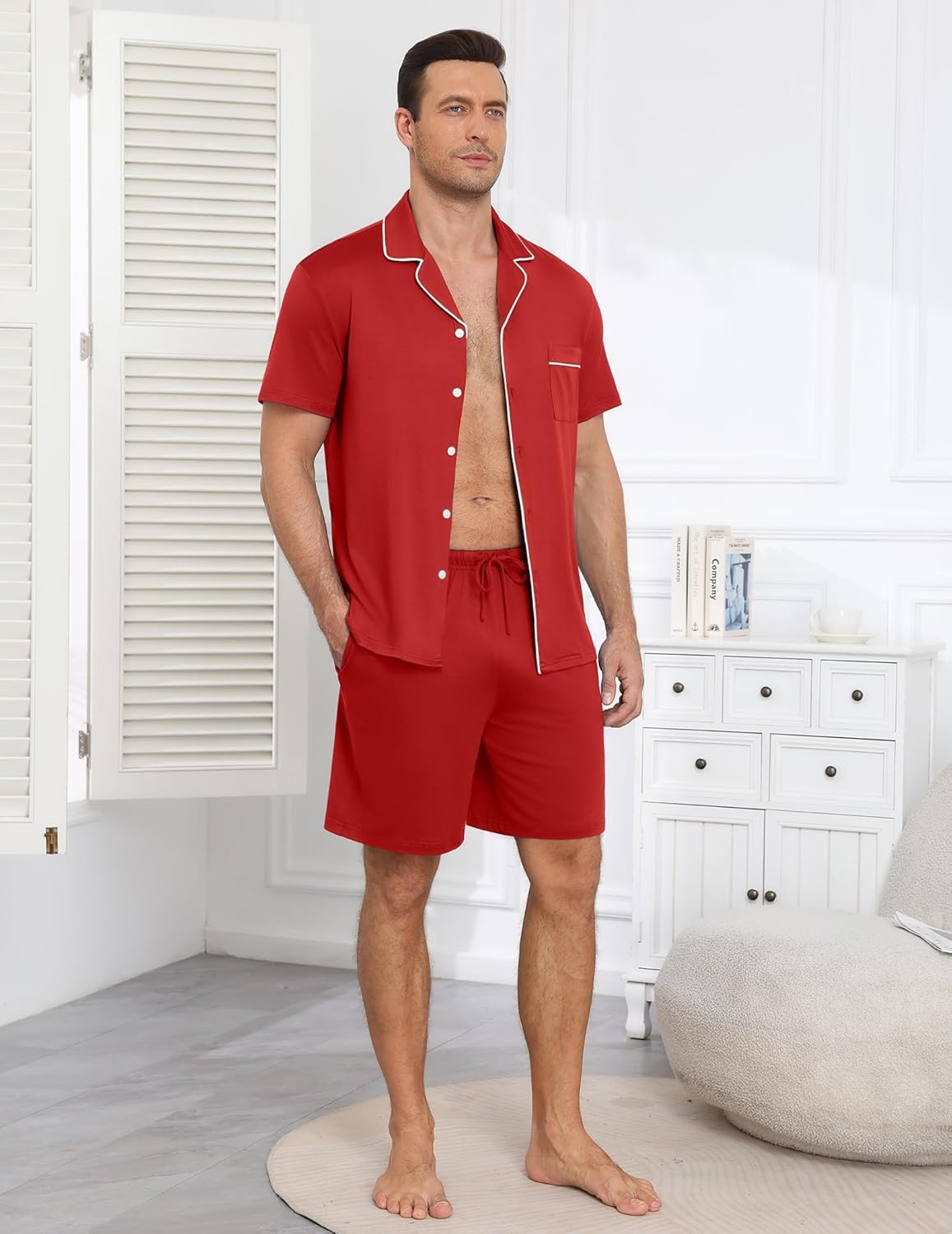image:imageEkouaer Mens Pajamas Set Summer Short Sleeve Button Up Pjs 2 Piece Sleepwear with Pockets SXXXLRed