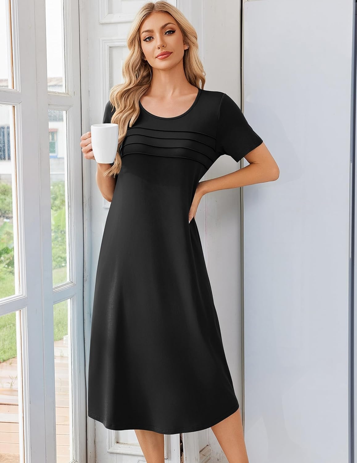 image:imageEkouaer Nightgowns for Women Long Night Gown Pleated Moo Moos Short Sleeve House Dress Plus Size Lounge Dress S5XLBlack