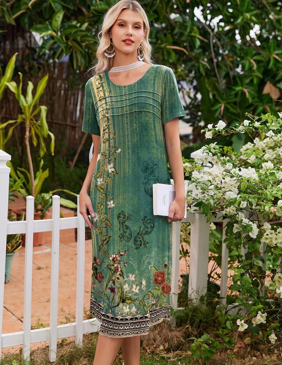 image:imageEkouaer Nightgowns for Women Long Night Gown Pleated Moo Moos Short Sleeve House Dress Plus Size Lounge Dress S5XLGreen Floral