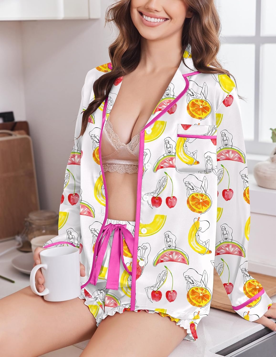 image:imageEkouaer Satin Pajamas Set for Women 2 Piece Silky Long Sleeve and Ruffle Shorts Pajamas Button Down Pjs Loungewear SetColorful Fruit Prints