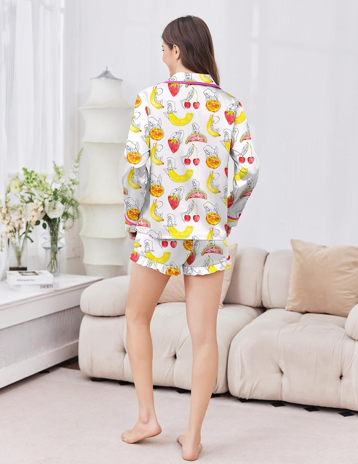 image:imageEkouaer Satin Pajamas Set for Women 2 Piece Silky Long Sleeve and Ruffle Shorts Pajamas Button Down Pjs Loungewear SetColorful Fruit Prints