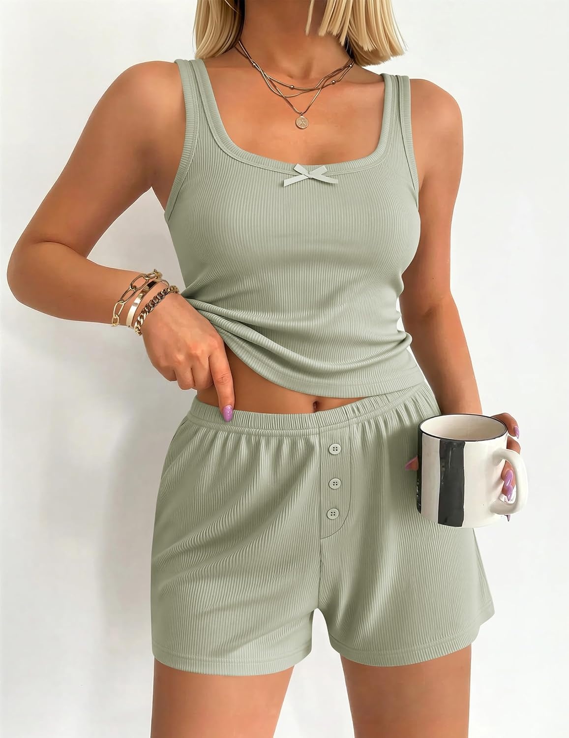 image:imageEkouaer Women Pajama Set 2 Pieces Tank Top and Shorts Cami Sleepwear Loungewear Ribbed Knit Pjs Sets Soft LingerieLight Green