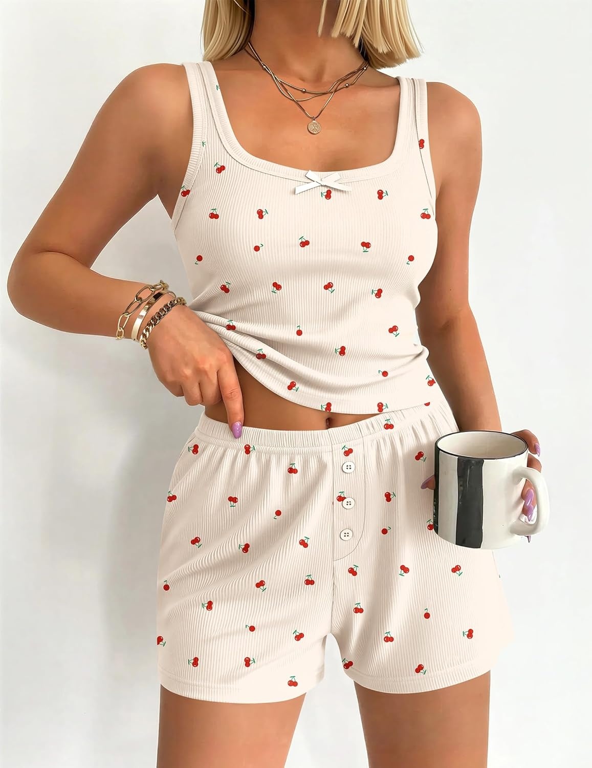 image:imageEkouaer Women Pajama Set 2 Pieces Tank Top and Shorts Cami Sleepwear Loungewear Ribbed Knit Pjs Sets Soft LingerieLittle Cherry
