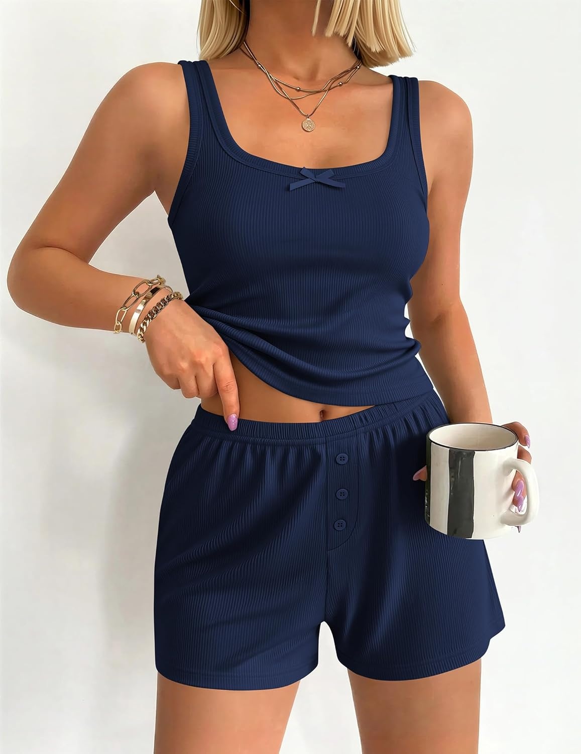 image:imageEkouaer Women Pajama Set 2 Pieces Tank Top and Shorts Cami Sleepwear Loungewear Ribbed Knit Pjs Sets Soft LingerieNavy