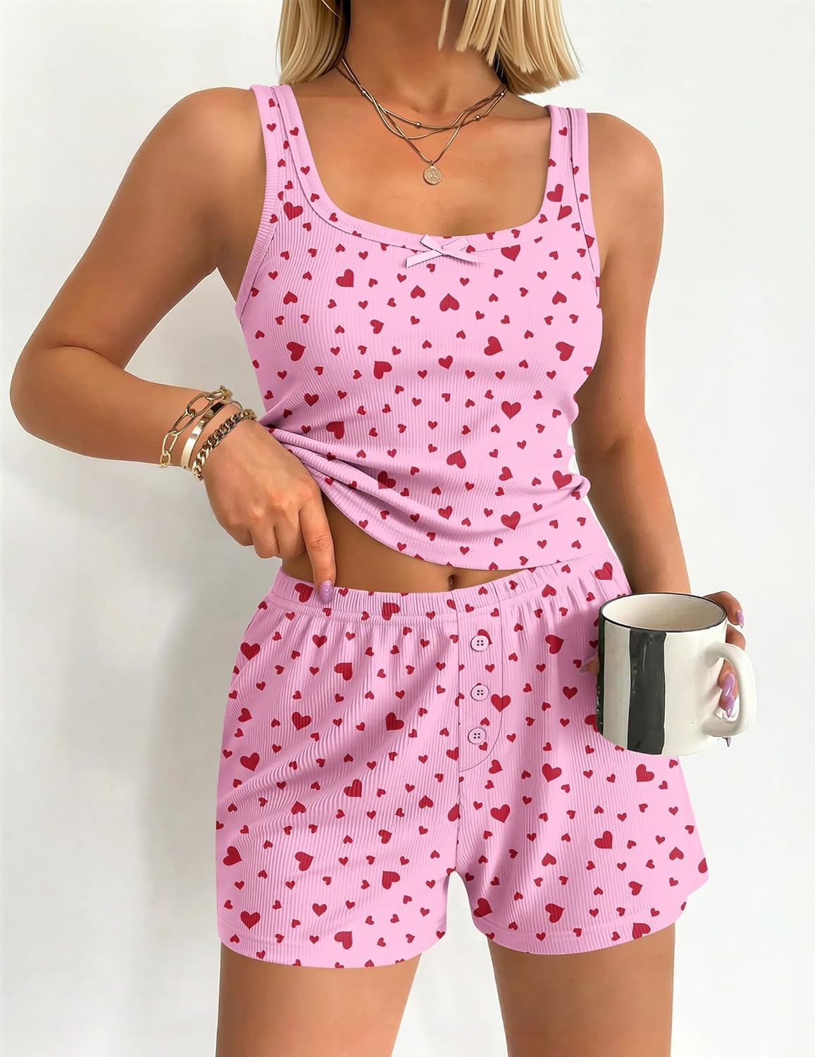 image:imageEkouaer Women Pajama Set 2 Pieces Tank Top and Shorts Cami Sleepwear Loungewear Ribbed Knit Pjs Sets Soft LingeriePink Heart