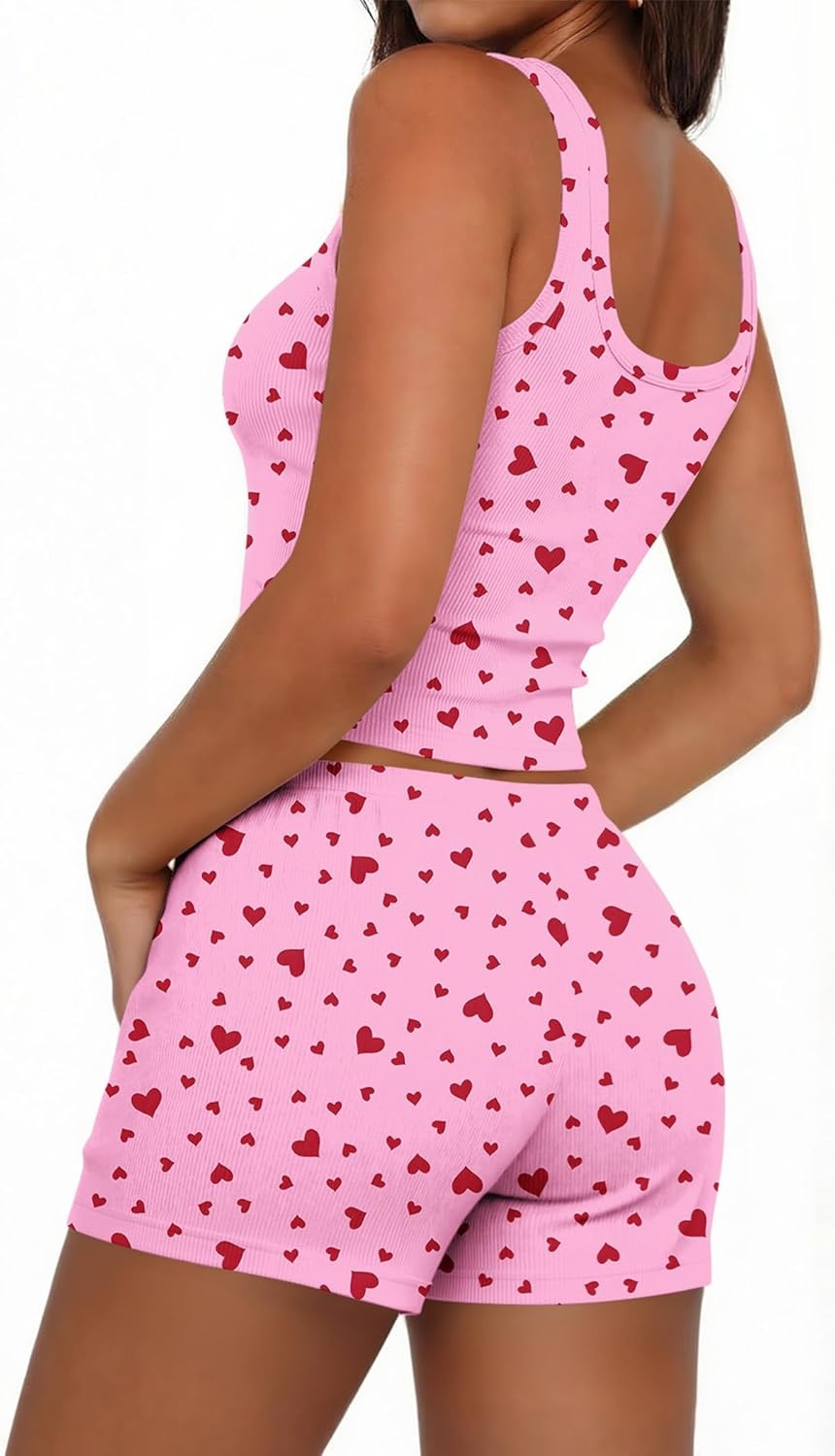 image:imageEkouaer Women Pajama Set 2 Pieces Tank Top and Shorts Cami Sleepwear Loungewear Ribbed Knit Pjs Sets Soft LingeriePink Heart