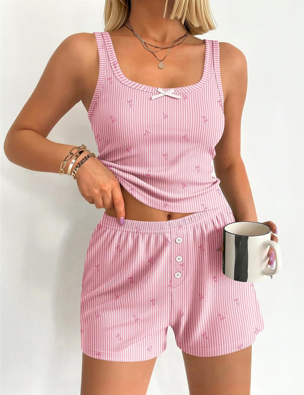 image:imageEkouaer Women Pajama Set 2 Pieces Tank Top and Shorts Cami Sleepwear Loungewear Ribbed Knit Pjs Sets Soft LingerieStripespink Bow