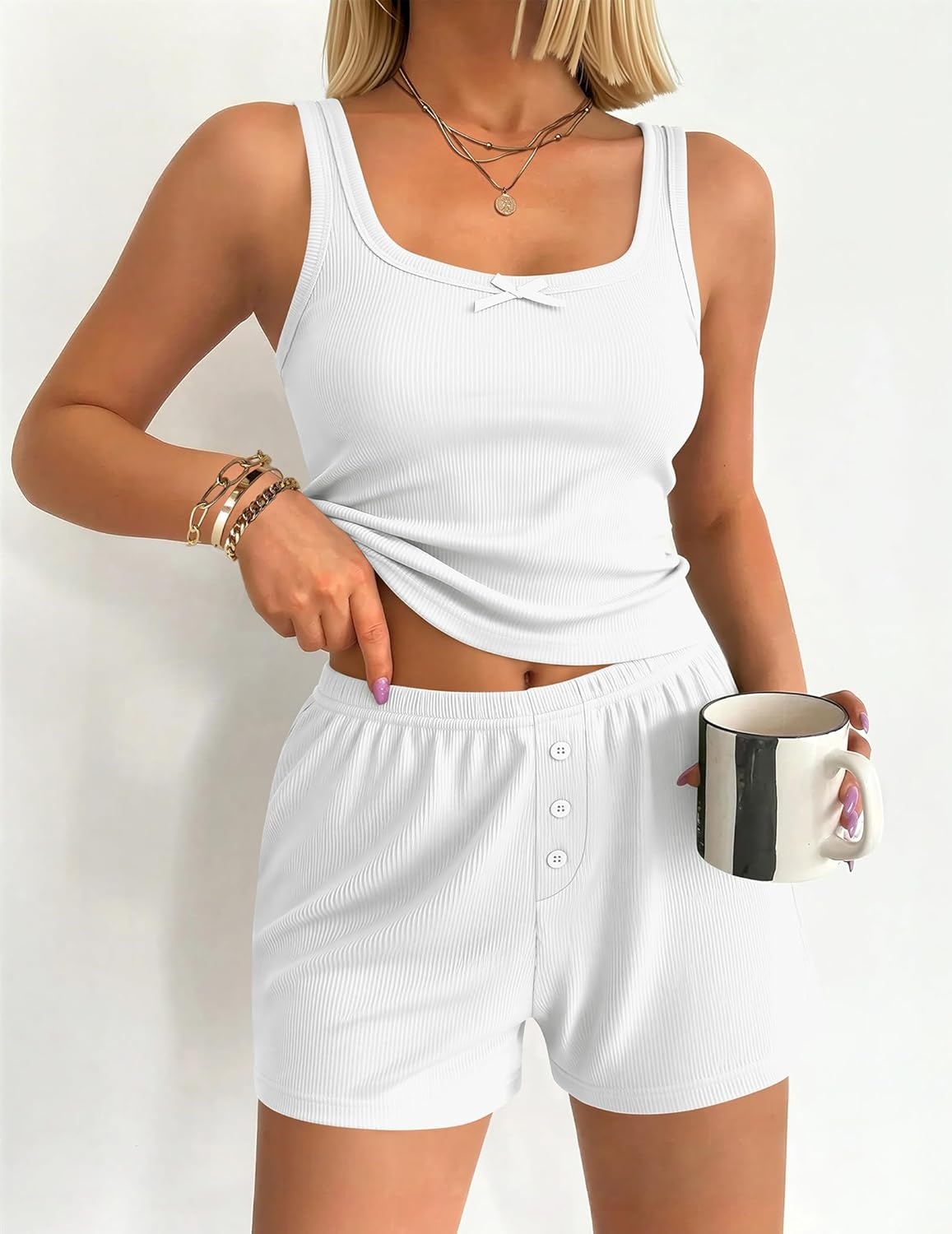 image:imageEkouaer Women Pajama Set 2 Pieces Tank Top and Shorts Cami Sleepwear Loungewear Ribbed Knit Pjs Sets Soft LingerieWhite