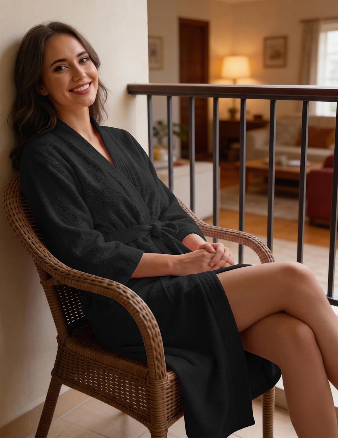 image:imageEkouaer Women Terry Cloth Robes Absorbent Towel Robe Knee Length Soft Bathrobe 34 Sleeve Spa Robe with PocketsBlack
