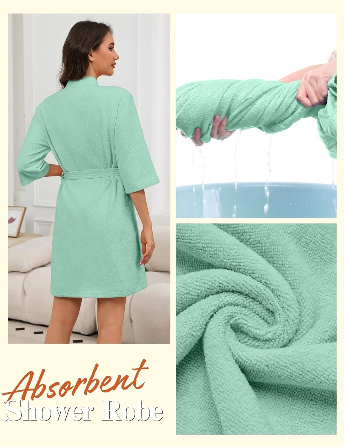 image:imageEkouaer Women Terry Cloth Robes Absorbent Towel Robe Knee Length Soft Bathrobe 34 Sleeve Spa Robe with PocketsMint Green