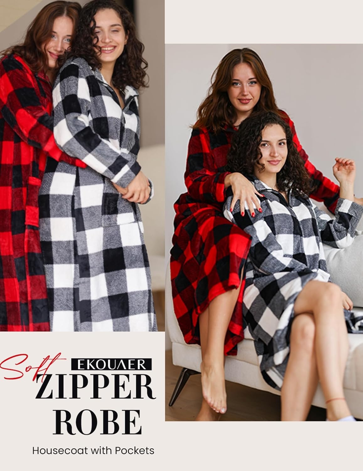 image:imageEkouaer Women Zipper Robe Long Sleeves Bathrobe Zip Up House Robes Fleece Warm Sleepwear Soft Housecoat with Pockets