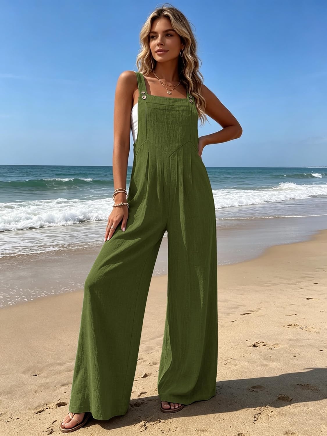 image:imageEkouaer Womens Casual Loose Overalls Jumpsuits Summer Outfits Wide Leg Pants Rompers with Pockets SXXLOlive Green