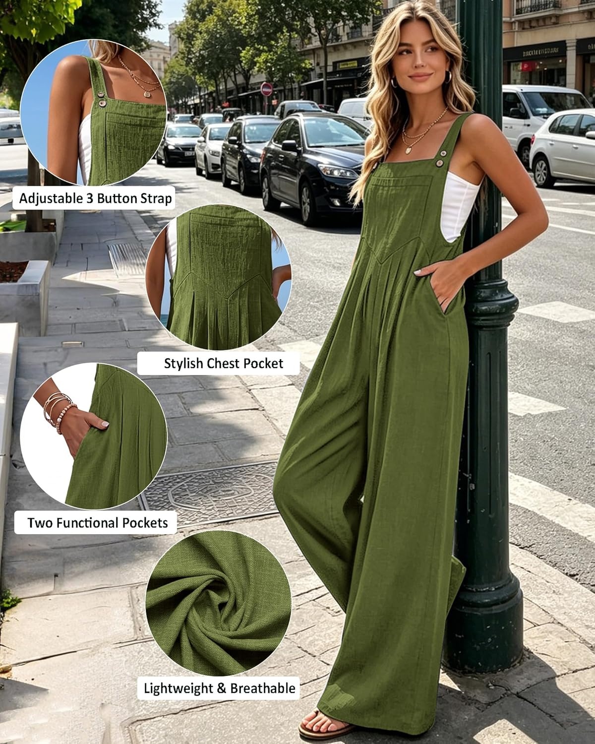 image:imageEkouaer Womens Casual Loose Overalls Jumpsuits Summer Outfits Wide Leg Pants Rompers with Pockets SXXLOlive Green