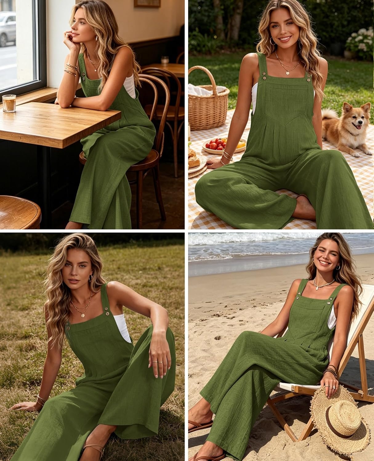 image:imageEkouaer Womens Casual Loose Overalls Jumpsuits Summer Outfits Wide Leg Pants Rompers with Pockets SXXLOlive Green