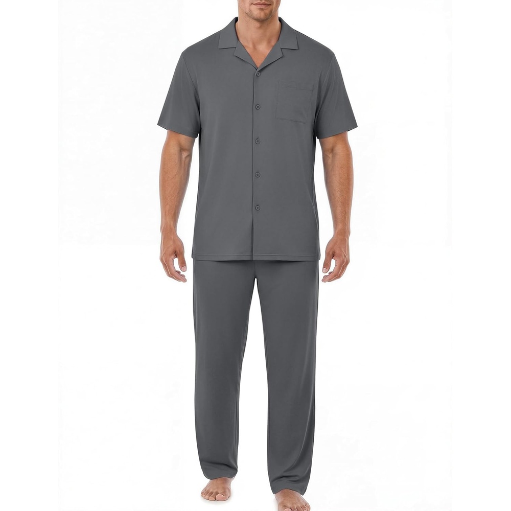 image:imageEKouear Mens Pajamas Set Short Sleeve pjs sets Classic Button Down Sleepwear Long Pants Lounge Set with PocketDeep Gray
